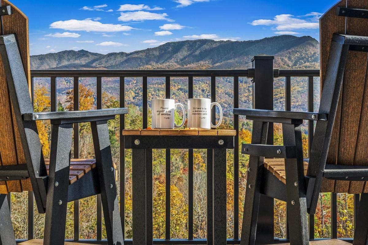 Soak in the majestic beauty of the Smoky Mountains.  The expansive balcony vantage point unveils a captivating panorama, where the vista of Gabes Mountain and Greenbrier Pinnacle becomes a bre